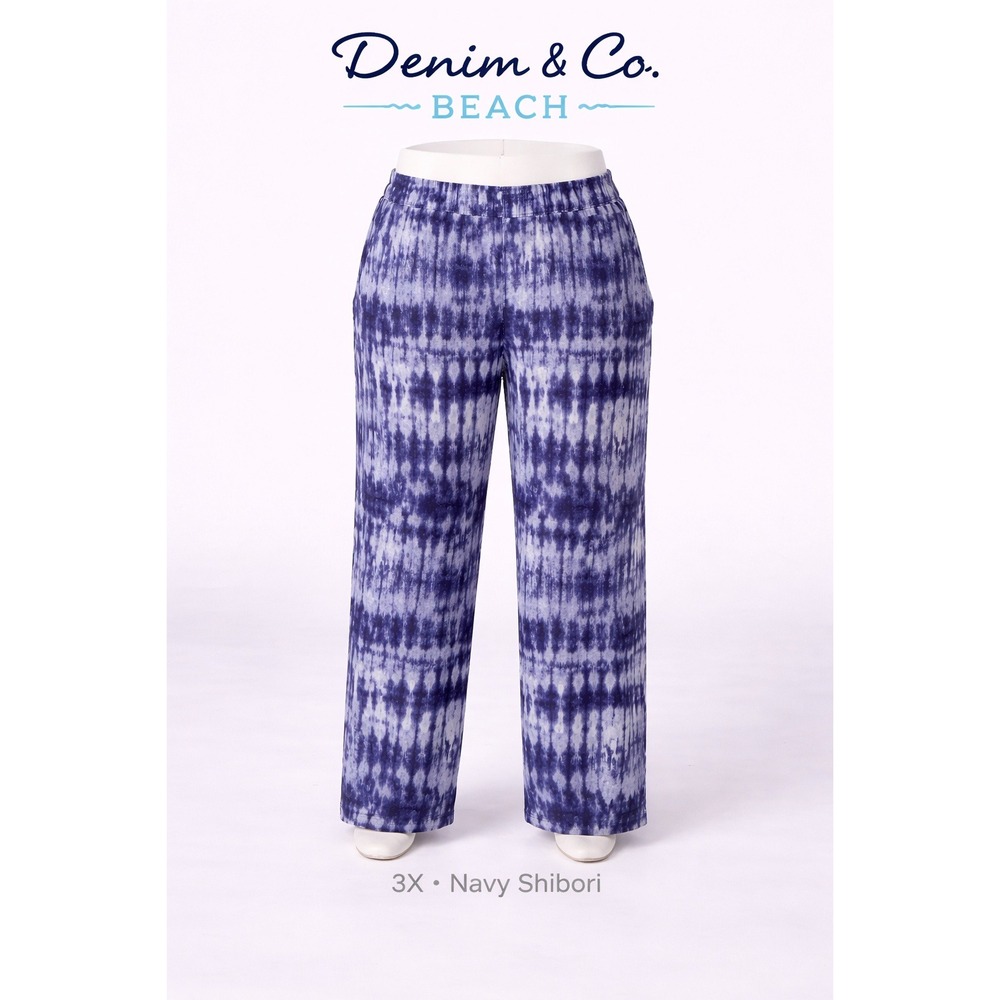 Denim & Co Beach Womens‎ 3X Navy Shibori Tie Dye Wide Leg Knit Pull On Pants New
